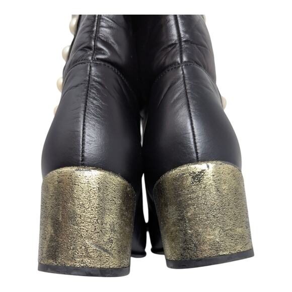 Chanel 2016 black leather calf height pearl button gold heel boots CC logo 36.5 - Picture 9 of 15